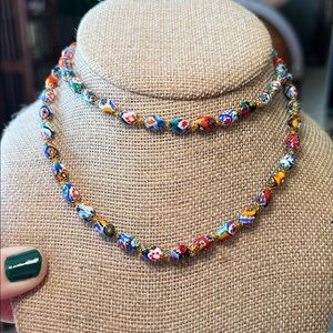 VTG Millefiori Murano Glass Handknotted Italian Colorful Floral Beaded Necklace